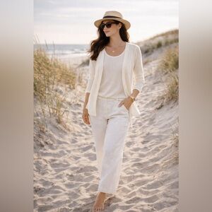 Sag Harbor, White Delicate Cardigan With Attached Top And Pearl Beading PM